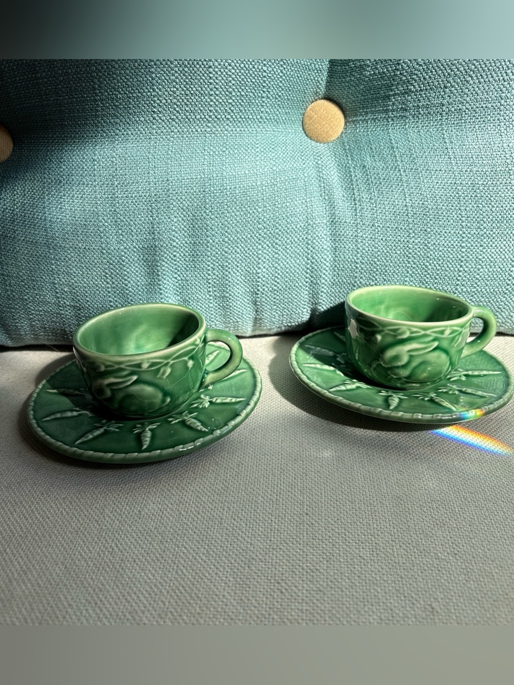 NEW 2 Bordallo Pinheiro Green Bunny Rabbit Espresso Demitasse Cups & Saucers